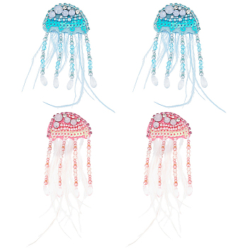 4Pcs 2 Colors Jellyfish Handmade Beaded Appliques, Sequin & Feather & Rhinestone Sew on Patches, Mixed Color, 106~128x42~43x7.5~8mm, 2pcs/color