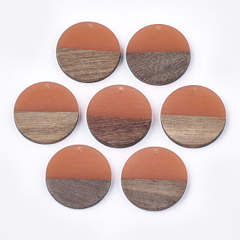 Resin & Walnut Wood Pendants, Flat Round, Coral, 28.5x3.5~4mm, Hole: 1.5mm