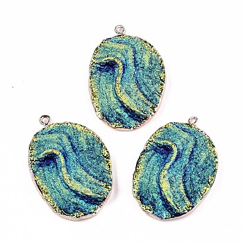 Electroplate Druzy Resin Pendants, with Edge Light Gold Plated Iron Loops, Oval, Sky Blue, 41x28x7mm, Hole: 1.8mm