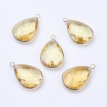 Golden Tone Brass Glass Teardrop Pendants, Faceted, Champagne Yellow, 18x10x5mm, Hole: 2mm