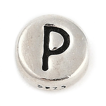 925 Sterling Silver Flat Round with Letter Beads, with 925 Stamp, Antique Silver, Letter P, 6.5x3mm, Hole: 1.2mm