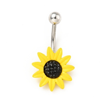 Alloy Daisy Curved Barbell, 316 Surgical Stainless Steel Piercing Navel Ring for Women, Yellow, 30x16mm, Pin: 1.6mm