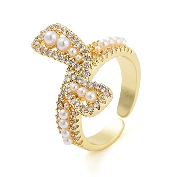 Rack Plating Brass Micro Pave Cubic Zirconia Bowknot Open Cuff Rings for Women, with Plastic Imitation Pearl, Long-Lasting Plated, Cadmium Free & Lead Free, Real 18K Gold Plated, 19.5mm, Adjustable