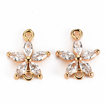 Brass Clear Cubic Zirconia Links Connectors, FLower, Real 18K Gold Plated, 11.5x10x3mm, Hole: 1mm