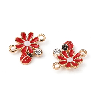 Zinc Alloy Enamel Connector Charms, with Crystal Rhinestone, Light Gold, Flower with Ladybug, Red, 18x15.5x3.5mm, Hole: 1.8mm