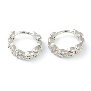 Brass Micro Pave Clear Cubic Zirconia Huggie Hoop Earrings, Ring with Heart, Platinum, 12x13x3.5mm, Pin: 0.6mm
