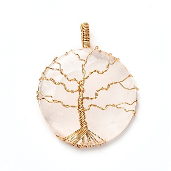 Natural Quartz Crystal Pendants, with Real 18K Gold Plated Eco-Friendly Copper Wire, Half Round, 47x39x9mm, Hole: 6.5x4.5mm
