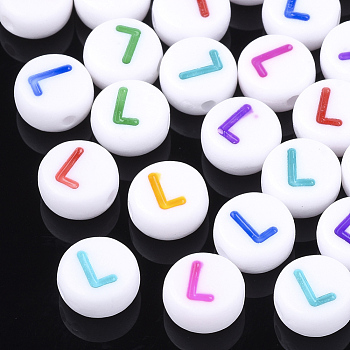 Initial Acrylic Beads, Horizontal Hole, Flat Round, Mixed Color, Letter.L, 7x3.5~4mm, Hole: 1.2mm, about 3700pcs/500g