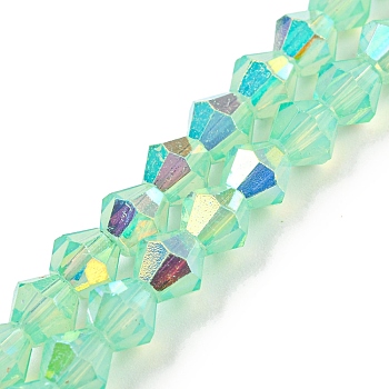 Baking Painted Transparent Glass Beads Strands, Half Electroplate, AB Color Plated, Faceted, Bicone, Aquamarine, 6x5.5mm, Hole: 1mm, about 47pcs/strand, 10.24''(26cm)