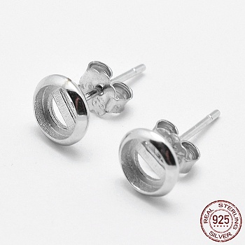 925 Sterling Silver Stud Earring Findings, Flat Round, Silver, 6.5x1.5mm, Tray: 5mm, Pin: 0.6mm