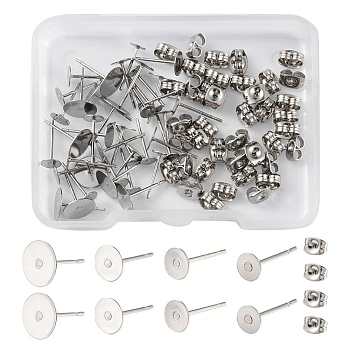 40Pcs 4 Size 304 Stainless Steel Stud Earring Findings, Flat Round Earring Settings, with 40Pcs Ear Nuts, Stainless Steel Color, 12x4~8mm, Pin: 0.6~0.8mm, 10Pcs/size