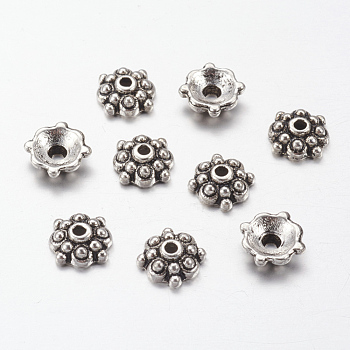 Tibetan Style Alloy Bead Caps, Lead Free, Cadmium Free and Nickel Free, Antique Silver, Flower, about 8mm in diameter, 3mm thick, hole: 1mm