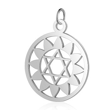 304 Stainless Steel Pendants, Chakra, Anahata, for Jewish, Flat Round with Flower & Star of David, Stainless Steel Color, 22.5x19x1mm, Hole: 3mm
