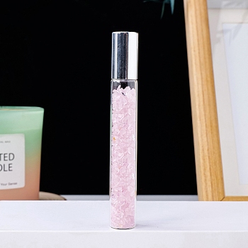 Natural Rose Quartz Chip Bead Roller Ball Bottles, with Cover, SPA Aromatherapy Essemtial Oil Empty Glass Bottle, 10.7cm