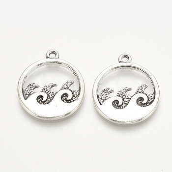 Tibetan Style Alloy Pendants, Flat Round with Sea Wave, Cadmium Free & Lead Free, Antique Silver, 23.5~24x20.5x2mm, Hole: 1.5mm