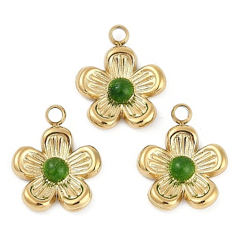 Natural Green Onyx Agate(Dyed & Heated) Flower Charms, 304 Stainless Steel Flower Charms, Real 18K Gold Plated, Ion Plating(IP), 12.5x10.5x2.8mm, Hole: 1.4mm