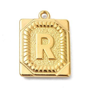 Ion Plating(IP) 304 Stainless Steel Pendants, Rectangle with Letter Charm, Real 18K Gold Plated, Letter R, 24.5x18x3mm, Hole: 1.8mm