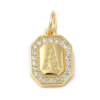 Real 18K Gold Plated Brass Micro Pave Clear Cubic Zirconia Pendants, with Jump Ring, Long-Lasting Plated, Lead Free & Cadmium Free, Letter Charms, Letter A, 12x8.5x2mm, Hole: 3mm