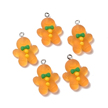 Christmas Transparent Resin Pendants, Frosted, with Platinum Tone Iron Loops, Gingerbread Man Charm, Dark Orange, 26x18.5x7mm, Hole: 2mm