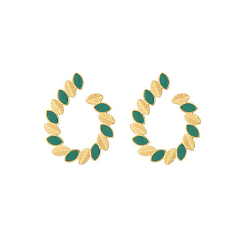 Golden 304 Stainless Steel Stud Earrings with Enamel, Teardrop with Leaf, Green, 28.6x23mm