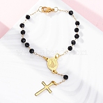304 Stainless Steel Link Chain Bracelets, with 201 Stainless Steel Cross Findings and Glass Beads, Golden, 6-1/4 inch(15.9cm)(BJEW-A032-05G)