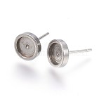 Tarnish Resistant 304 Stainless Steel Stud Earring Settings, Flat Round, Stainless Steel Color, 8x2mm, Tray: 6mm, Pin: 0.7mm(STAS-L219-02C)