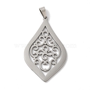 Non-Tarnish 304 Stainless Steel Pendants, Laser Cut, Teardrop with Flower Charm, Stainless Steel Color, 39x24x1mm, Hole: 6x3mm(STAS-U010-13P)