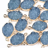 Electroplate Druzy Resin Links connectors, with Iron Findings, Oval, Light Gold, Steel Blue, 26~27x13x5~6mm, Hole: 1mm(RESI-S366-08C)