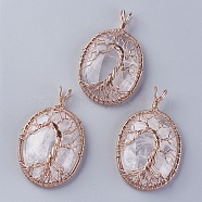 Natural Quartz Crystal Big Pendants, Rock Crystal, with Rose Gold Tone Brass Findings, Oval with Tree of Life, 56~58.5x35~36x12~13.8mm, Hole: 4.2~5.2x4.6~6mm(G-G771-C06)