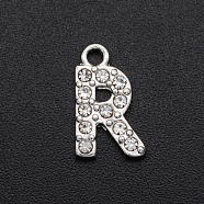 Alloy Rhinestone Charms, Platinum, Crystal, Letter, Letter.R, 12.5x8x2mm, Hole: 1.5mm(PALLOY-S098-DA020-R)