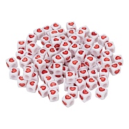 Opaque White Acrylic European Beads, Large Hole Beads, Cube with Heart Pattern, Red, 7x7x7mm, Hole: 4mm, 100Pcs/Bag(OPDL-FS0001-02A)