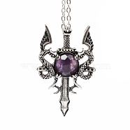 Natural Amethyst Dragon Sword Pendant Necklace, Gothic Alloy Jewelry for Men Women, Antique Silver & Platinum, 19.69 inch(50cm)(G-PW0004-67H)