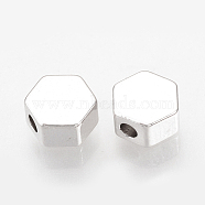 Brass Spacer Beads, Nickel Free, Real Platinum Plated, Hexagon, Real Platinum Plated, 6x7x3mm, Hole: 1.5mm(KK-Q735-119P)