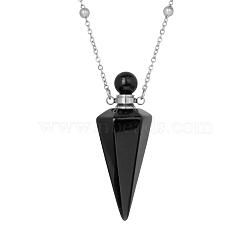 Natural Obsidian Faceted Cone Perfume Bottle Pendant Necklace, Aromatherapy Essential Oil Bottle Necklaces with Stainless Steel and Brass Chain Findings, Stainless Steel Color, 25.04 inch(63.6cm)(PW-WG8F691-07)