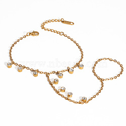 304 Stainless Steel Cable Chain Finger Ring Bracelets, Flat Round Charm Ring Bracelets for Women, with Glass, Real 18K Gold Plated, 3-3/8 inch(8.5cm) long, Inner Diameter: 6-1/2 inch(16.5cm), ring: 80mm Inner Diameter(XO2335-6)