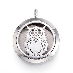 316 Surgical Stainless Steel Diffuser Locket Pendants, with Perfume Pad and Magnetic Clasps, Flat Round with Owl, Stainless Steel Color, Mixed Color, 36.5~37x30x6~6.5mm, Hole: 5mm; inner diameter: 23mm(STAS-P102-039)