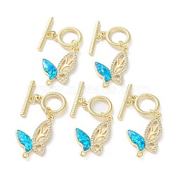 Rack Plating Brass Micro Pave Cubic Zirconia Toggle Clasps, with Synthetic Opal, Cadmium Free & Lead Free, Long-Lasting Plated, Real 18K Gold Plated, Butterfly, Butterfly, 40mm(KK-C041-31G)