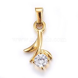 304 Stainless Steel Pendants, with Cubic Zirconia, Flower, Clear, Golden, 19x10x3.5mm, Hole: 5x3mm(STAS-P216-85G)