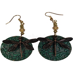 Tibetan Style Alloy Dangle Earrings, Dragonfly, Antique Bronze & Green Patina, 33mm(PW23031694873)