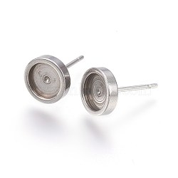 304 Stainless Steel Stud Earring Settings, Flat Round, Stainless Steel Color, 8x2mm, Tray: 6mm, Pin: 0.7mm(STAS-L219-02C)