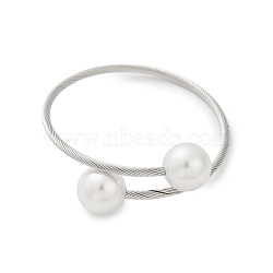 Plastic Imitation Pearl Round Beaded Cuff Bangle, 304 Stainless Steel Torque Bangles, Platinum, Inner Diameter: 2-1/4 inch(5.7cm)(BJEW-P310-07P)