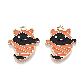 Halloween Theme Rack Plating Alloy Enamel Pendants, Golden, Ghost Charm, Dark Orange, 20x16.5x1.5mm, Hole: 1.6mm