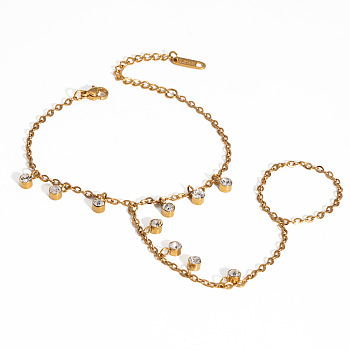 304 Stainless Steel Cable Chain Finger Ring Bracelets, Flat Round Charm Ring Bracelets for Women, with Glass, Real 18K Gold Plated, 3-3/8 inch(8.5cm) long, Inner Diameter: 6-1/2 inch(16.5cm), ring: 80mm Inner Diameter