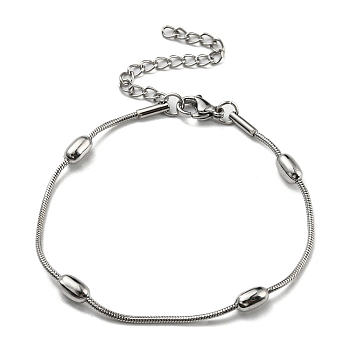 304 Stainless Steel Round Snake Chain Bracelet with Oval Beaded, Stainless Steel Color, 6-5/8 inch(16.8cm)