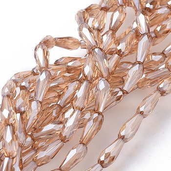 Electroplate Glass Beads Strands, Pearl Luster Plated, Faceted, Teardrop, Light Salmon, 10x4mm, Hole: 0.8mm, about 70~72pcs/strand, 27.9 inch~28.15 inch(71~71.5cm)