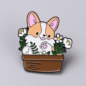 Potted Plant Enamel Pins, Black Alloy Brooches for Backpack Clothes, Dog, 30x27x1.5mm