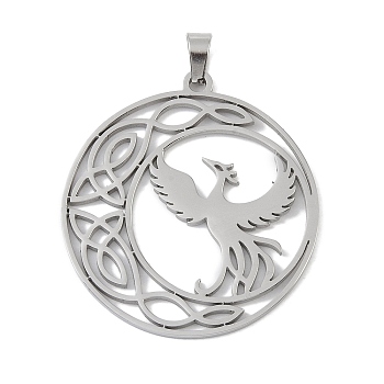 304 Stainless Steel Pendants, Laser Cut, Moon with Bird & Knot Charm, Stainless Steel Color, 34.5x32x1mm, Hole: 3x5mm