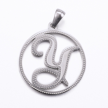 304 Stainless Steel Pendants, Flat Round with Letter, Stainless Steel Color, Letter.Y, 28x25x1.2mm, Hole: 6x3.5mm