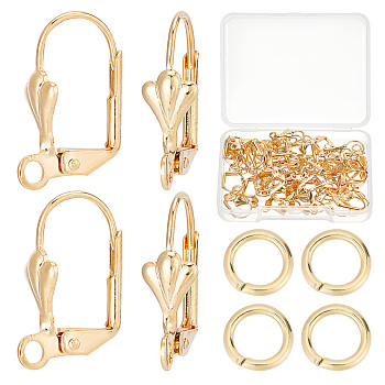 CREATCABIN 50Pcs Brass Leverback Earring Findings, with Horizontal Loops and 50Pcs Open Jump Rings, Long-Lasting Plated, Real 18K Gold Plated, 16x11x5.5mm, Hole: 2mm, Pin: 0.7mm