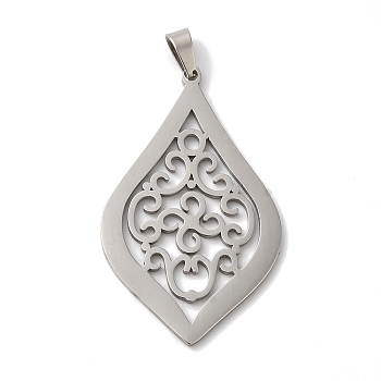 Non-Tarnish 304 Stainless Steel Pendants, Laser Cut, Teardrop with Flower Charm, Stainless Steel Color, 39x24x1mm, Hole: 6x3mm